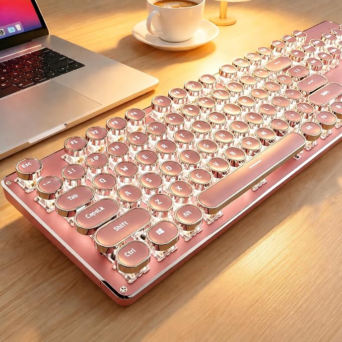 Wireless Typewriter Style Mechanical Keyboard with White Backlit, Pink