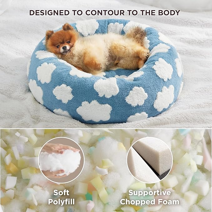 LE SURE Donut Small Dog Bed - Round Cat Beds for Indoor Cats Calming Pet Beds, Cute Modern Beds with Jacquard Shaggy Plush & Anti Slip Bottom, 27 Inch, Blue