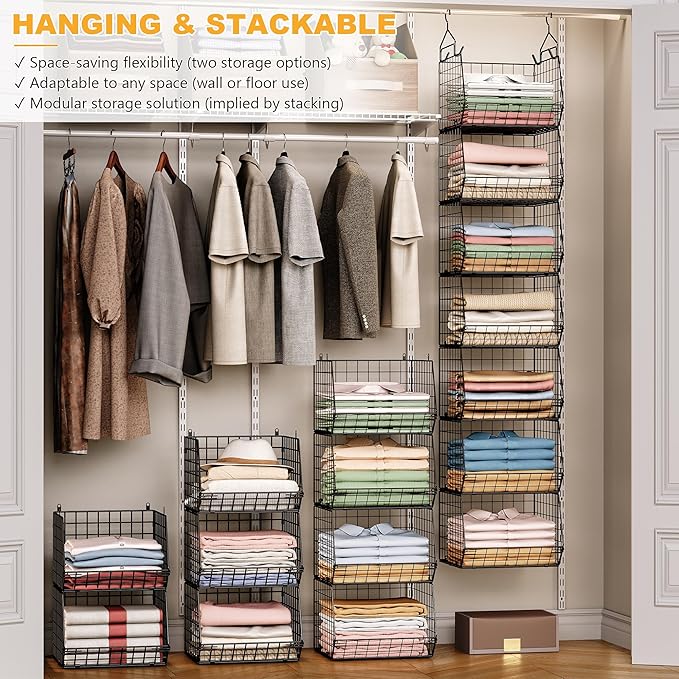 7 Tier Foldable Hanging Closet Organizer and Storage,Wire Closet Shelving with 5 S Hooks,Hanging Basket for Clothes Sweaters Shoes Handbags,Small Closet Organizers for Wardrobe Kitchen Laundry Room