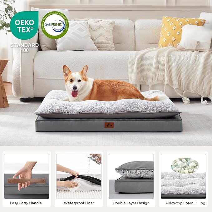 Washable Dog Bed for Medium Large Size Dog, Plush Pillow Pet Bed with Leather Egg-Crate Foam Base, Waterproof Kennel Bed with Removable Cover, 36" x 27" Comfort Cushion Bed, Dark Grey