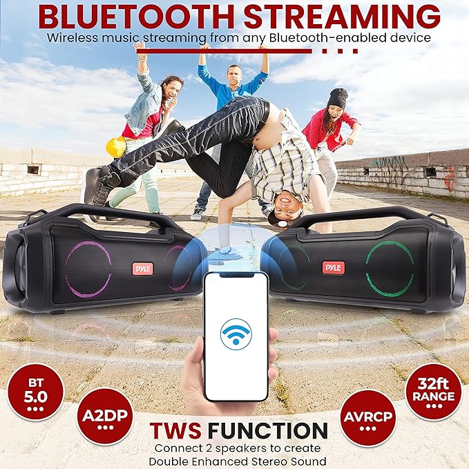 Pyle | Bluetooth Speaker | with HD Sound, Portable Wireless, IPX5 Waterproof, Up to 20H Playtime, TWS Pairing, BT5.3, for Home/Party/Outdoor/Beach, Electronic Gadgets, Birthday Gift
