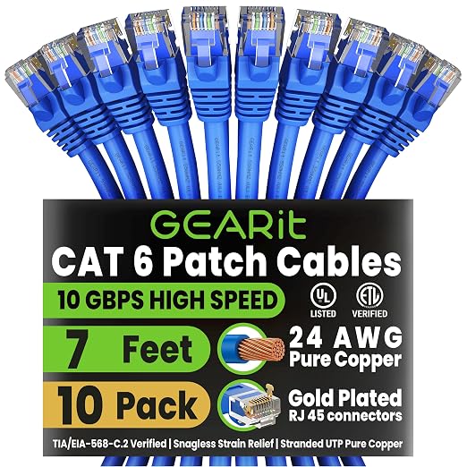 GEARit Cat6 Patch Cables Cat 6 Ethernet Cable 7 ft 10-Pack Blue