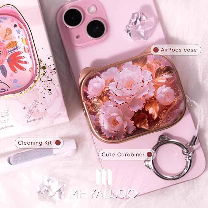 for AirPods Pro 2 Case with Cleaning Kit, Cute Cat Ear Print Design & Cute Buckle for Girls, Phone Holder & Top Safe Lock Buckle Design for AirPods Pro 2nd/1st Gen case, Rose Gold Peony