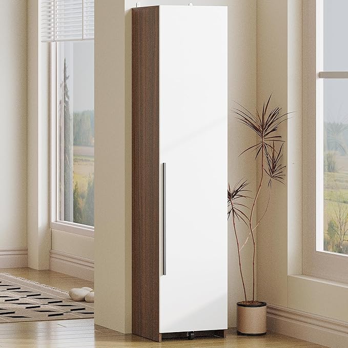 IRONCK 70" Pantry Storage Cabinet, Single Cabinet Pantry, Freestanding Tall Narrow Cupboard with 11 Adjustable Shelves for Dining Room, Living Room, Walnut and White
