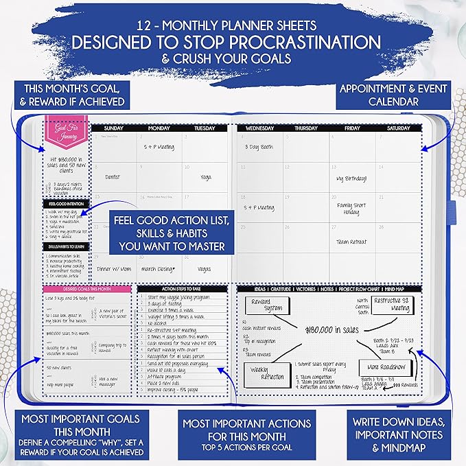 Law of Attraction Planner – Undated Hourly, Weekly & Monthly Goal Setting Planner, 12-Month to Increase Productivity | Life & Gratitude Journal, Include Foldable Vision Board, Gift Box & Stickers