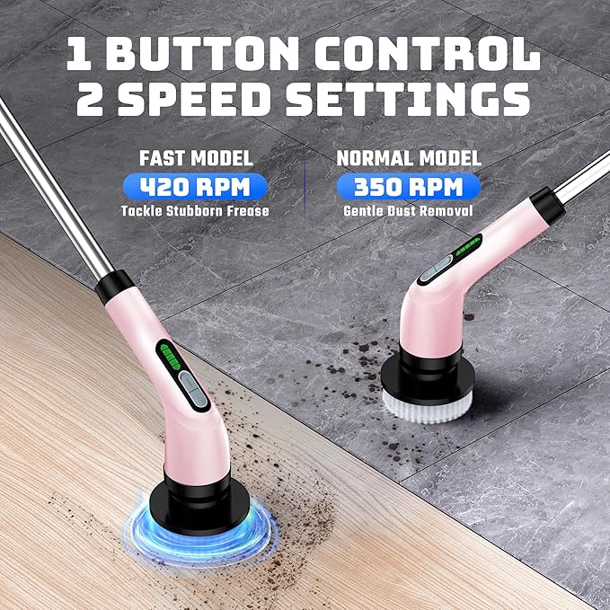Electric Spin Scrubber - Cordless Bathroom Scrubber with 7 Brush Heads - Dual Speed IPX7 Waterproof Power Scrubber for Heavy-Duty Bathtub, Glass, Tile, and Car Cleaning (Pink)