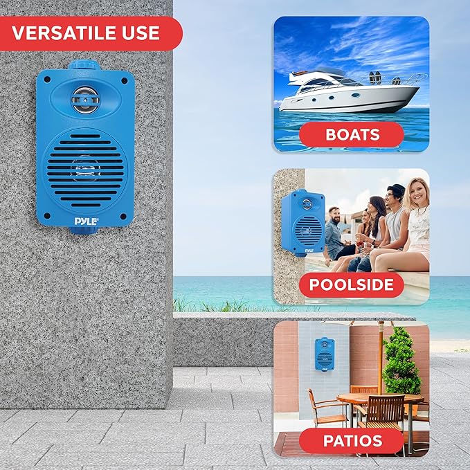 Pyle Wireless Bluetooth Speaker System, 3.5" 2-Way Indoor Outdoor Waterproof Speakers with Polymer Tweeter, Heavy Duty ABS, Quick Connect Terminals, Perfect for Deck, Patio, Poolside, Boats (Blue)