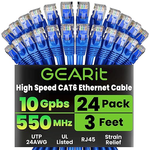 GEARit Cat 6 Ethernet Cable Pack - 24-Pack 3 ft Cat6 Ethernet Patch Cables | RJ45 Network Patch Cable, 10 Gbps Snagless Gold-Plated Connectors - Ethernet Cable Cat 6 for PC, TV, Router - Blue
