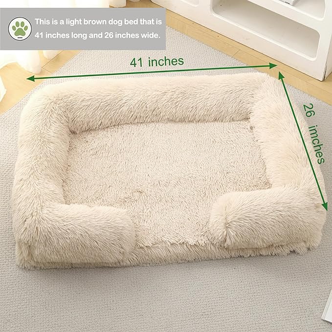 Orthopedic Dog Bed for XL Dogs - Washable Memory Foam Pet Sofa, Fluffy Plush Rectangular Bed, Waterproof Anti-Anxiety Couch, Light Gray, XL