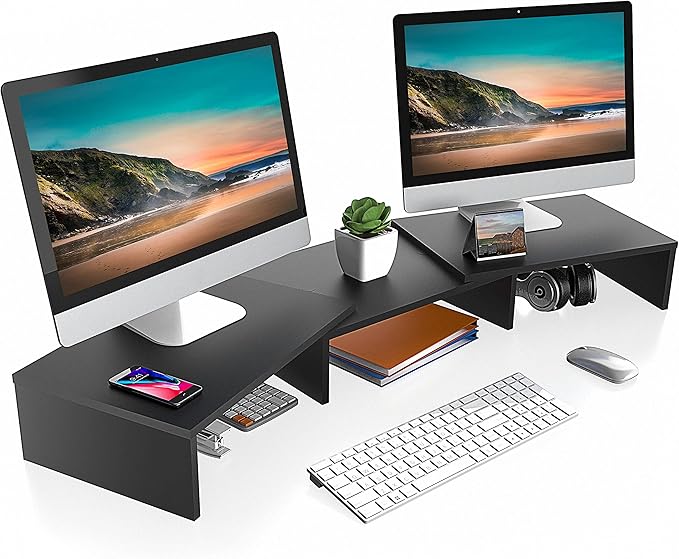 FITUEYES Dual Monitor Stand – 3 Shelf Computer Monitor Riser, Wood Desktop Stand with Adjustable Length and Angle, Desk Accessories, Office Supplies Medium Black,DT108001WB
