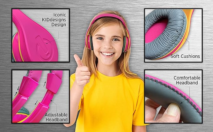 eKids Kids Headphones, Stereo Sound, 3.5mm Jack Cord, Wired Headphones for Kids, Tangle-Free, Volume Control, Childrens Earphones Over Ear for Travel Pink