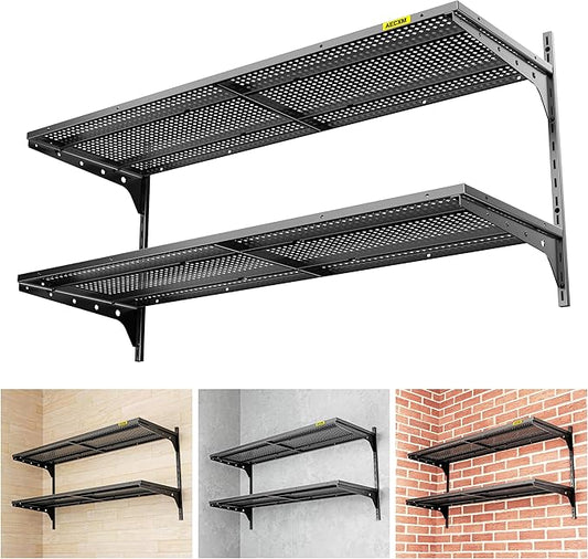 1pack×2 Tier 1.3x4ft Garage Shelving Wall Mounted, 260lbs Load Capacity，15.6x48inch per Shelf Height Cassette Adjustable Floating Shelves, Black