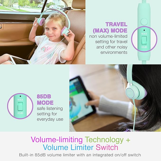 MEE audio KidJamz KJ45 Children’s Safe Listening Headphones with Volume Limiter & Microphone, Adjustable On-Ear Kids Headset Wired w/3.5mm Jack for Online Learning/School/Travel/Tablet (Mint/Lavender)