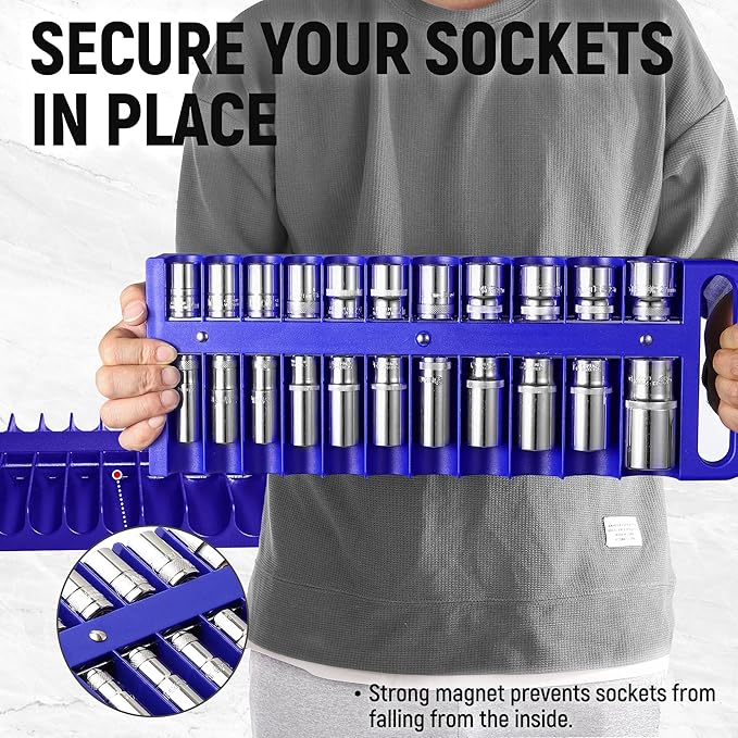Magnetic Socket Organizer Set, 3 Pcs Blue Portable Heavy Duty Socket Rail Set: 1/4-Inch x 22 Pallets, 3/8-Inch x 28 Pallets, 1/2-Inch x 26 Pallets, Hold 76 Sockets - Fit Shallow&Deep Sockets