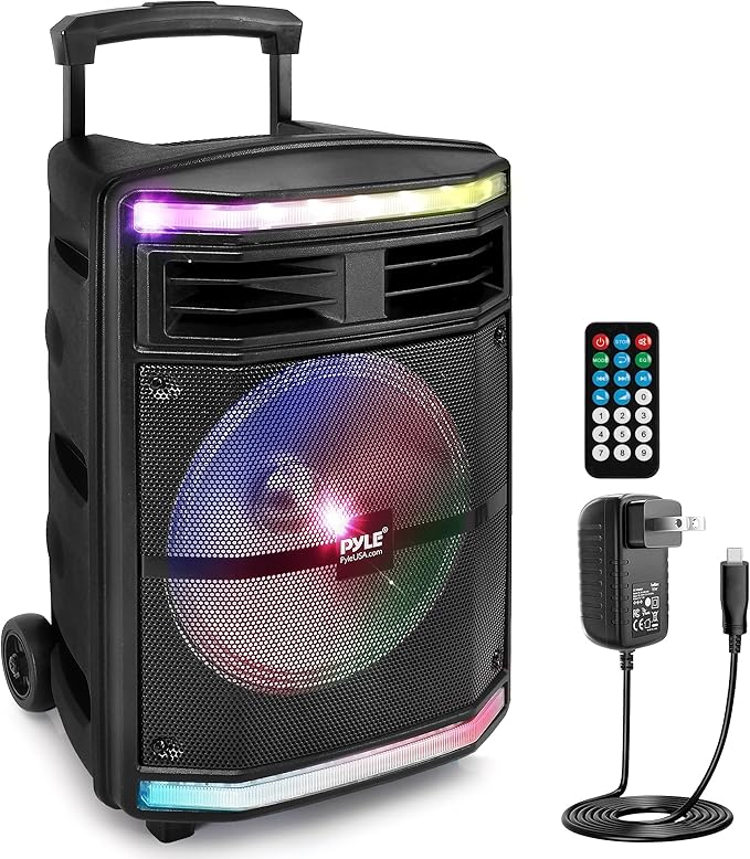 Pyle Portable Bluetooth Speakers with 10 Inch Subwoofer, Wireless Speaker with FM Radio, Karaoke System & Rechargeable Battery, Flashing Party Lights, MP3/USB/Micro SD Readers for Indoor Outdoor Use
