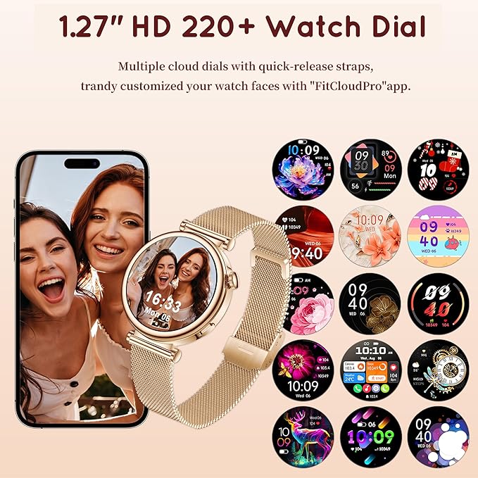 Smart Watch for Women (Answer/Make Call) 1.27" HD 3 Bands Smartwatch Compatible Android iPhone Phone with Fitness Tracker/Heart Rate/Sleep Monitor, 220+ DIY Dial & IP68 Waterproof, Rose Gold