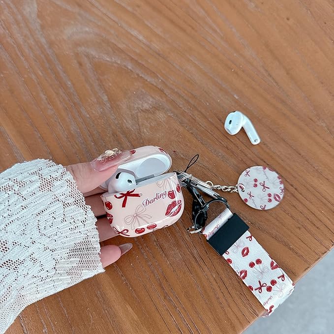 Vintage Bow Cherry Lip Design Air Pod 4th Generation （2024） with Bow Cherry Lip Lanyard Keychain，Unique IMD Process TPU Soft Air Pod 4th Case