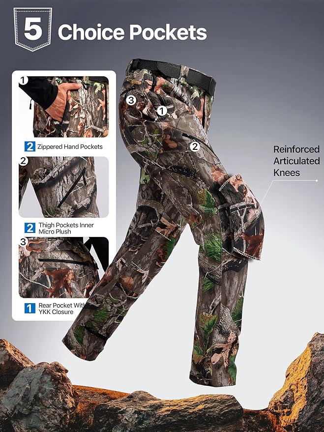 FREE SOLDIER Men's Fleece Lined Outdoor Cargo Hiking Pants Water Repellent Softshell Snow Ski Pants with Zipper Pockets