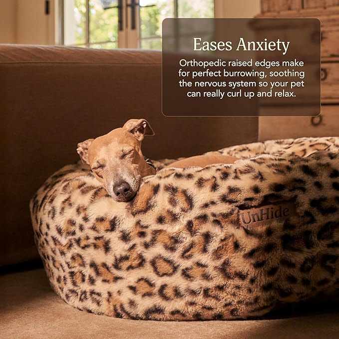 UnHide Floof Pet Bed - Large (35" x 12") - Extra Soft Dog Bed - Removable Faux Fur Cover - Machine Washable - Helps Ease Pet Anxiety & Provides The Perfect Sleep - Leopard