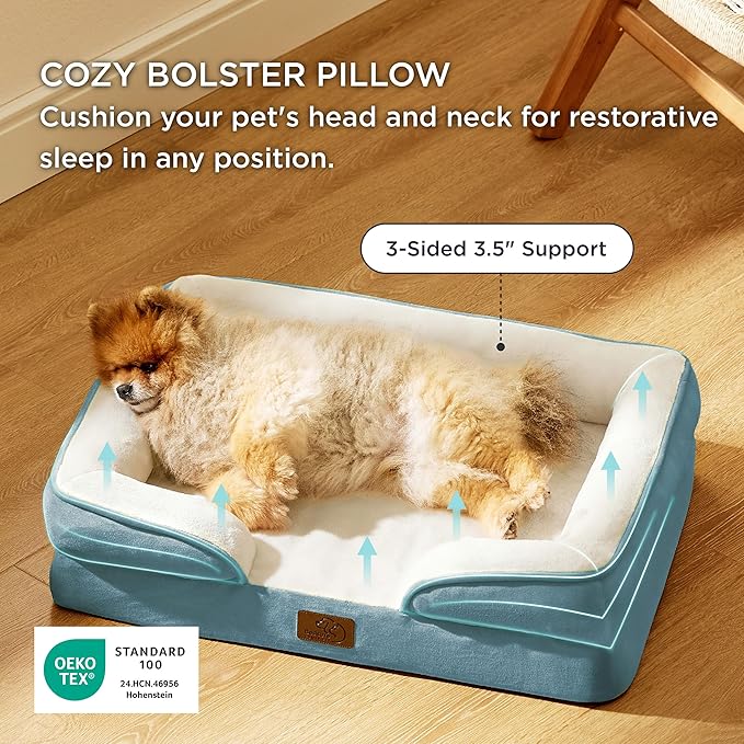 Bedsure Orthopedic Dog Beds for Small Dogs - Washable Small Dog Cat Bed Waterproof, Comfort Pet Couch Sofa with Washable Removable Cover, Pets Bed with Nonskid Bottom, Dune Haze Blue, 24"