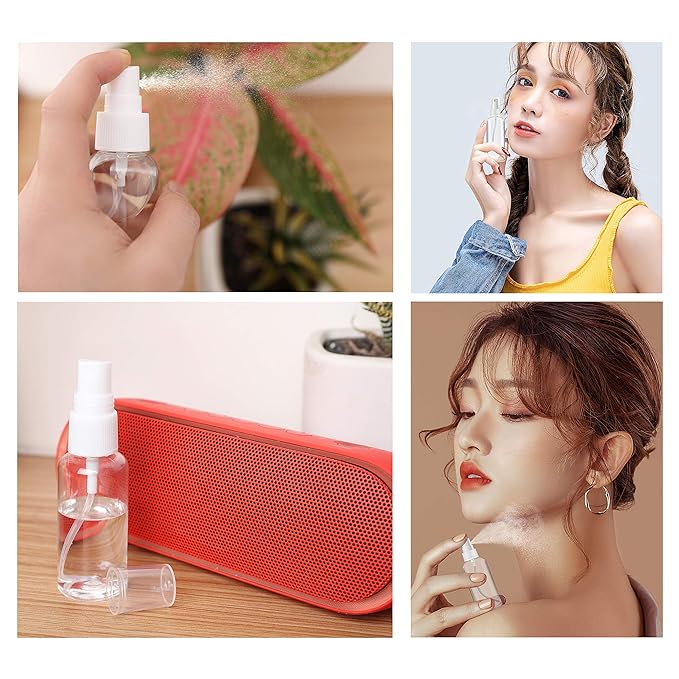 ZEROFIRE 4 Pack Spray Bottles 2oz Clear Plastic Empty Refillable Mini Spritzer for Travel, Cleaning, Gardening, Skin Care Atomizer for Essential Oils, Perfume