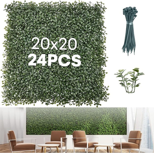 Grass Wall Panels 20″ × 20″ (24 Pack) – UV-Protected Artificial Boxwood Hedge Greenery Backdrop Covers 66 sq ft, Indoor/Outdoor Privacy Fence Screen, Zip Ties & Spare Leaves Included