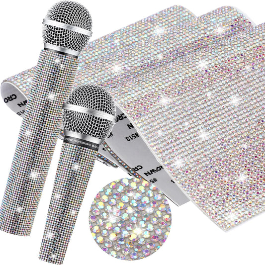 Remuuly 3 Pcs DIY Rhinestone Microphone Handle Cover Protector Bling Stickers Rhinestone Glitter Microphone Cover Handheld Sleeve Crystal Sheets Shiny Prop Stage Party, 5x7.3(AB Color)