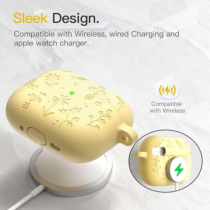 for AirPods Pro 3 Case (2025) DamonLight Floral Engraved Shockproof Protective Soft Silicone Case Cover with Cleaning Pen and Floral Keychain for Apple Airpods Pro 3rd Generation (Yellow)