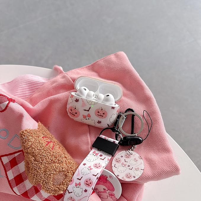 Cute Quirky Pumpkin Ghost Fun Design Air Pod Pro 3 Generation Case（2025） with Pumpkin Ghost Lanyard Keychain，Unique IMD Process TPU Soft Pro 3 Case