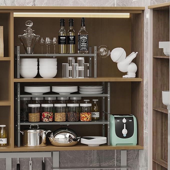 Expandable Stackable Spice Rack Cabinet Shelf Organizer in Cabinets Shelves Kitchen Cupboard Organization Stack up Racks Pantry Countertop Storage (Gray, Medium 3 Packs)