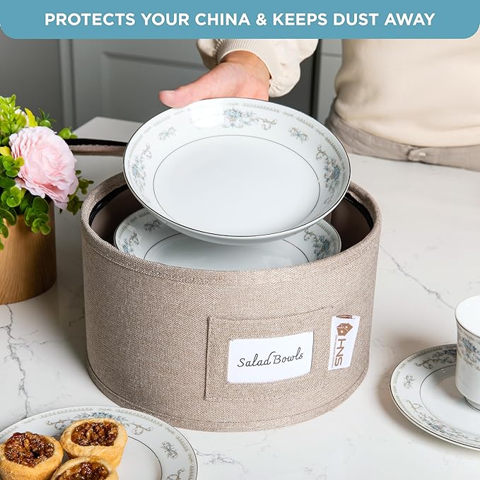 Hard Shell China Storage Containers 8-Piece Set Moving Boxes for Dinnerware, Glasses, Plates, Mugs and Saucers Sturdy Dish Organizer with Dividers for Seasonal Storage - Service for 12 - Brown