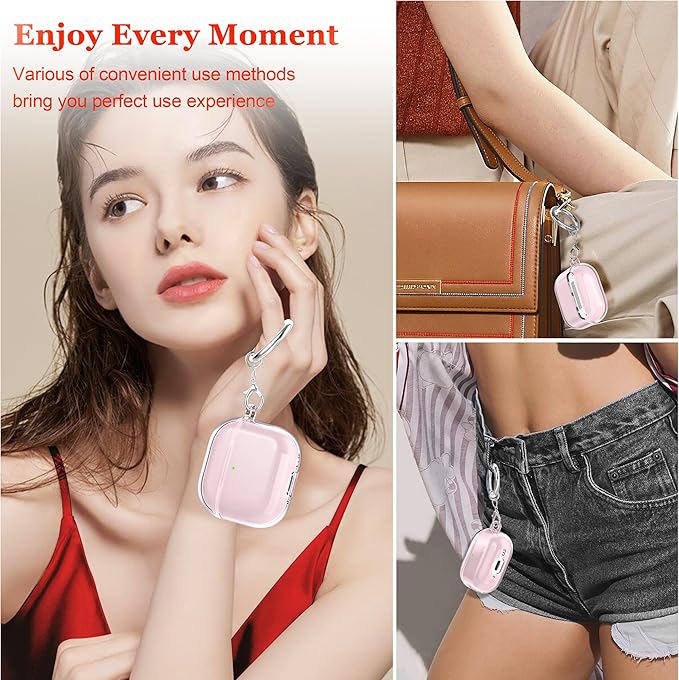 for AirPods 4th Generation Case Cover 2024, Military-Grade Shockproof, Soft TPU Highly Transparent Anti-Yellowing for AirPods 4 Case with Cleaning Kit & Cute Round Buckle, Clear Pink