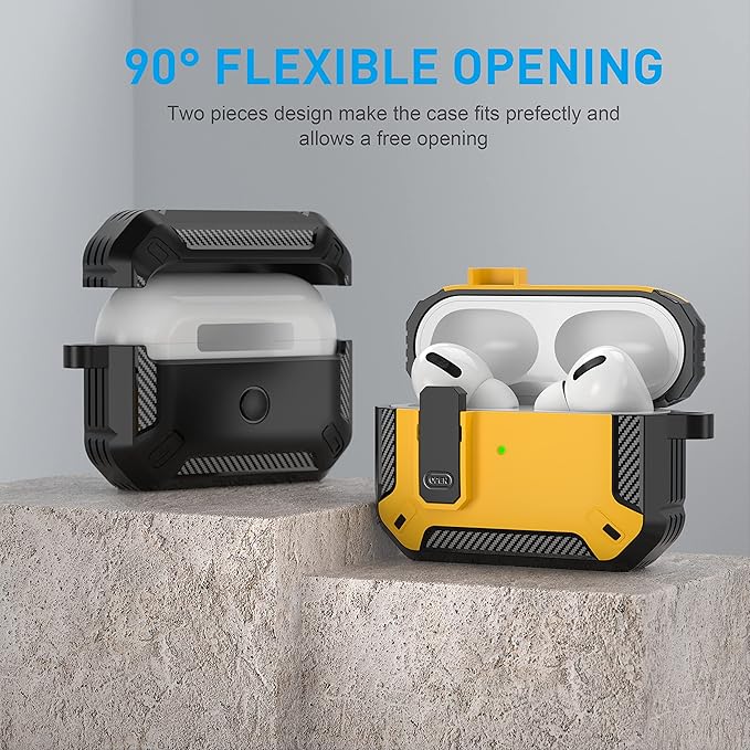 Maxjoy for AirPods Pro Case Cover with Lock, AirPods Pro 1st Generation Case for Men Military Rugged Protective Cover with Keychain Compatible with Apple AirPod Pros 2019 Front LED Visible, Yellow