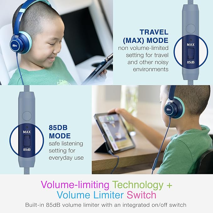 MEE Audio KidJamz KJ45 Children’s Safe Listening Headphones with Volume Limiter & Microphone, Adjustable On-Ear Kids Headset Wired with 3.5mm Jack for Online Learning/School/Travel/Tablet (Blue/Teal)
