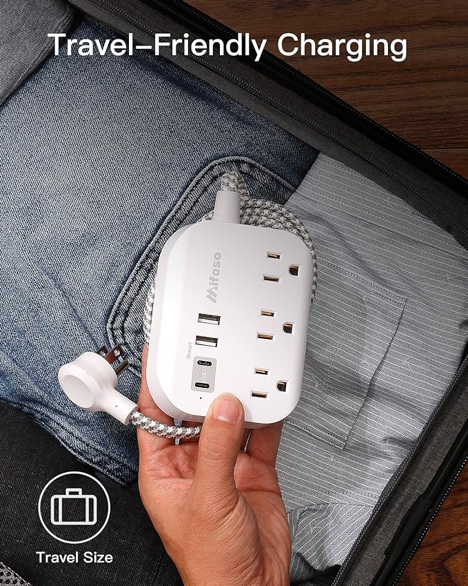 Flat Plug Power Strip with USB Ports - 10FT Extension Cord with 3 Outlets and 3 USB Charging Ports, Wall Mount, No Surge Protection for Cruise Ship Travel, Desk Accessories for Dorm Room Essentials