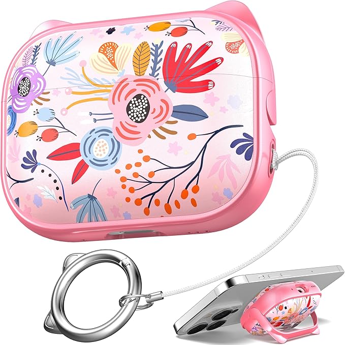 for AirPods Pro 2 Case with Cleaning Kit, Cute Cat Ear Print Design & Cute Buckle for Girls, Phone Holder & Top Safe Lock Buckle Design for AirPods Pro 2nd/1st Gen case, Pink Flower