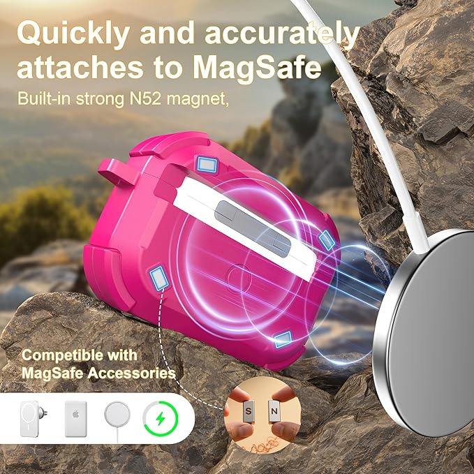 RFUNGUANGO for AirPods Pro 2 Case, Compatible with AirPods Pro 2nd/1st Generation Case, Compatible with MagSafe, Magnetic Automatic Lock with Cleaner Kit and Keychain, Front LED Visible, Rose Red