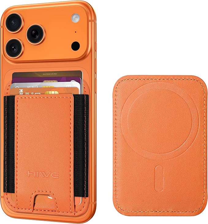 HiWe for MagSafe Wallet, Stronger Magnetic Wallet for iPhone 17/16/15/14/13/12 Series, 7 Cards Holder, Vegan Leather Minimalist Slim RFID, 1 Slot, Cosmic Orange & Black