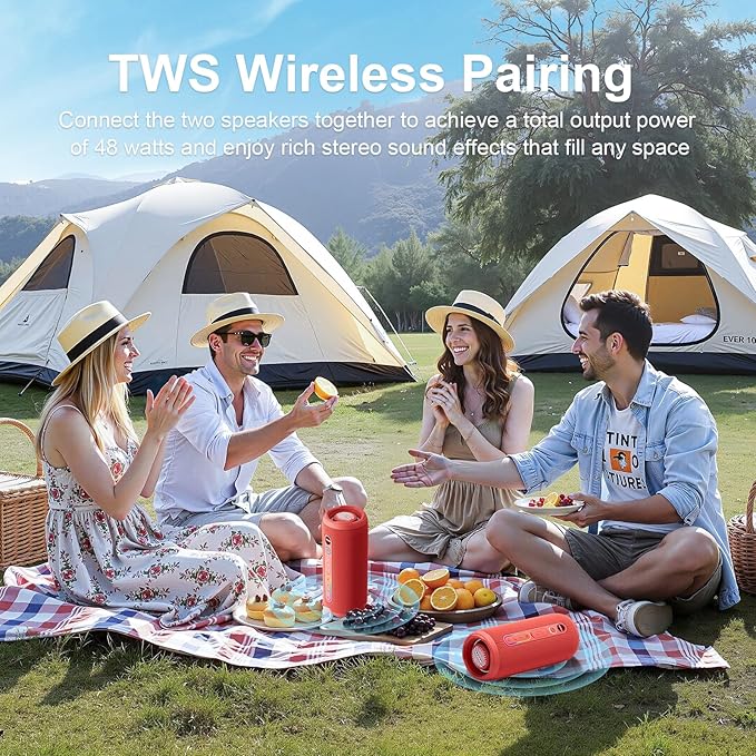 Bluetooth Speaker IPX7 Waterproof, Beach Speaker Waterproof Sandproof with 24W Loud Stereo Sound and Bluetooth 5.3, Enhanced Bass, TWS Pairing, 12 Hours of Playtime for Home/Outdoor (Red)