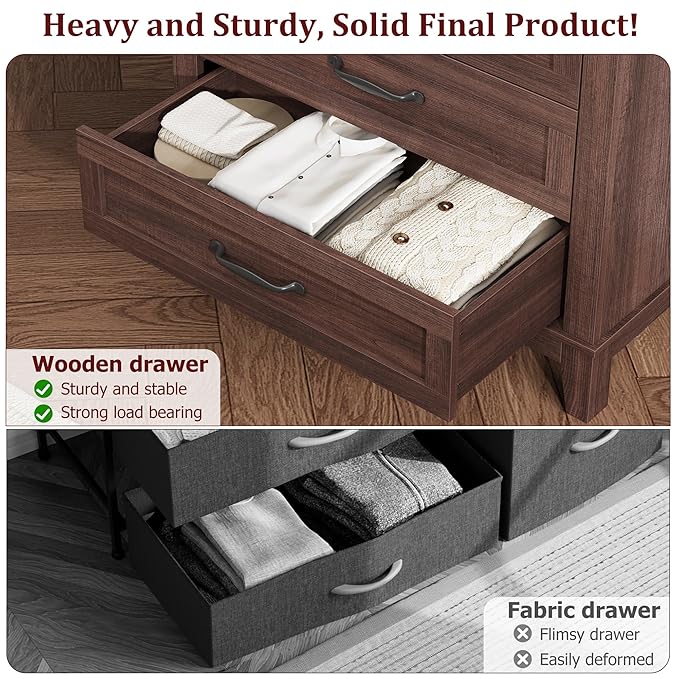 GarveeHome 5 Dresser for Bedroom, 41.3 in Tall Vertical Drawer Dresser with Large Storage, Freestanding Wooden Closet Chest for Bedroom, Living Room, Walnut