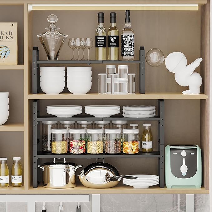 Expandable Shelf Cabinet Organizer Adjustable Stackable Spice Rack at Kitchen and Bathroom More, Countertop Cupboard Organization Pantry Storage (1 Pack/Black, M)
