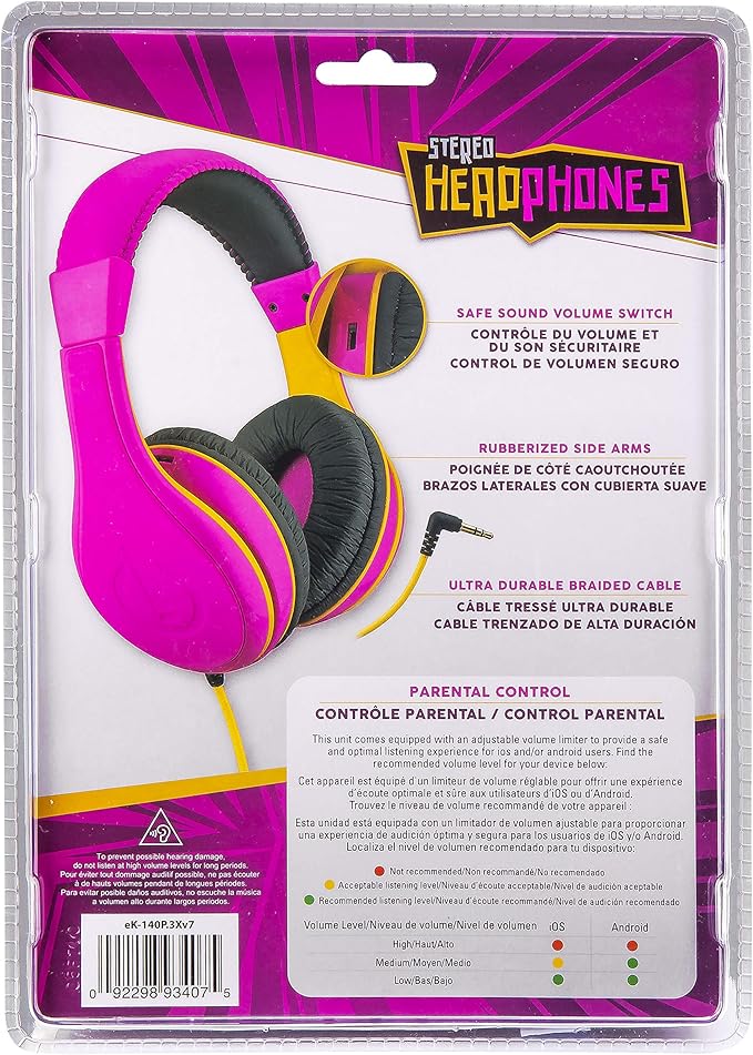 eKids Kids Headphones, Stereo Sound, 3.5mm Jack Cord, Wired Headphones for Kids, Tangle-Free, Volume Control, Childrens Earphones Over Ear for Travel Pink