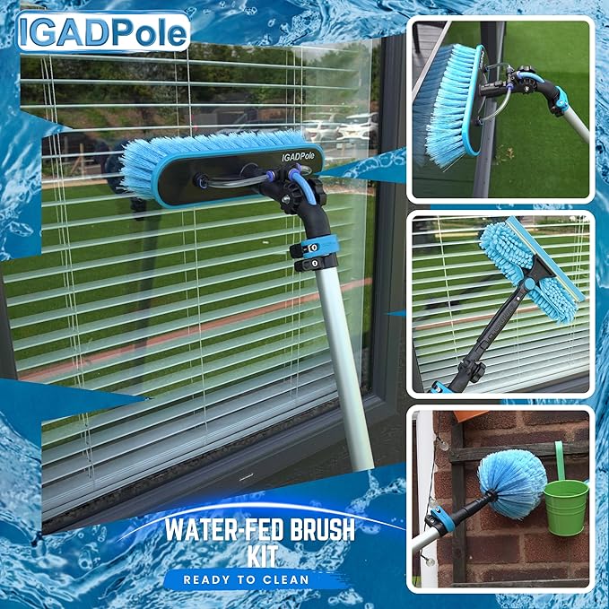 17Ft IGADPole Washing Kit: Water-fed Brush, Cobweb Duster and 10” Squeegee and Soap Dispenser, with 4-Stage Telescoping Pole 5-17ft Pole