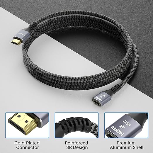 4K HDMI Extension Cable 15 Feet, HDMI 2.0 Braided Extender Male to Female Cord, Pure Copper 3D 4K@60Hz 2160p 1080p HDR HDCP 2.2 ARC (with 25 Ties, 25 U Nails, 2 HDMI Adapters)- 15FT
