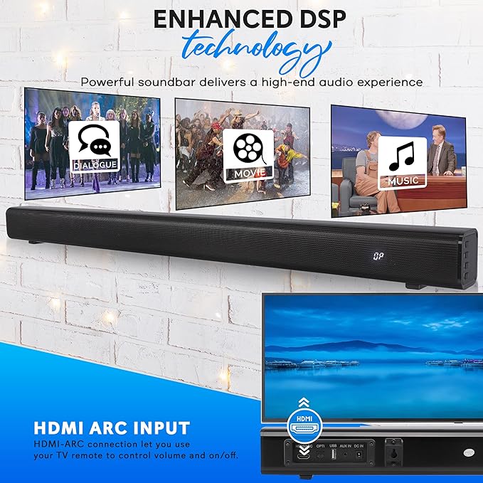 Pyle TV Speaker - Quality Audio Soundbar with Bluetooth, Support 4K & HDMI TVs, Wall Mountable, 32" w/Remote Control, Coaxial & RCA Cables, Class D Stereo Power Digital Amplifier - PSBV30BT
