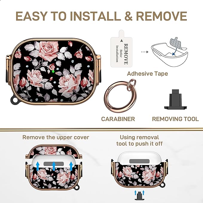 Maxjoy for AirPods Pro 2nd/1st Generation Case with Lock, Flower AirPods Pro 2 Case Lock Protective Hard AirPod Pro Cover for Women Girly with Keychain for Airpod Pro (2023/2022/2019), Rose