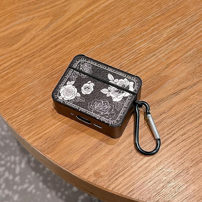for AirPod Pro 3 Case 2025 for Women Girls Cute Retro Flower Design with Keychain PU Leather Squre Shockproof Protective Cover Compatible with AirPods Pro 3rd Gen Case (Rose Black)