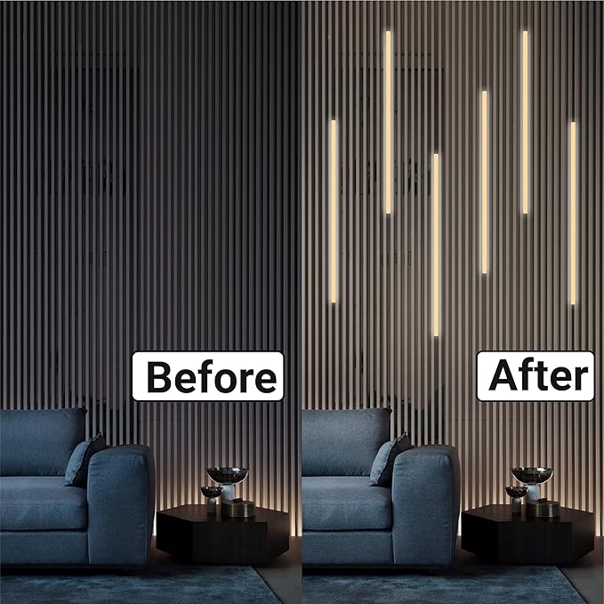 HAMRVL LED Recessed Lighting for Wood Slat Wall Panels - DC12V 6pcs 16in Self-Adhesive Wall Panel Lights with Smart Switch for Acoustic Panel,Headboard,Stair,Under Cabinet Lighting - Warm White 3000k