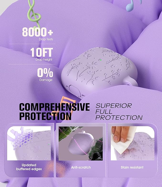 Seltureone Compatible with AirPods 4 Case Cute with Cherry Blossom Keychain and Cleaning Kit, Soft Silicone Shockproof Flower Engraved Cover Compatible with AirPod 4 Case Cover - Light Purple
