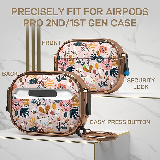 Maxjoy for AirPods Pro 2nd/1st Generation Case with Lock, Flower AirPods Pro 2 Case Lock Protective Hard Cute AirPod Pro Cover for Women Men with Keychain for Airpod Pro (2023/2022/2019)